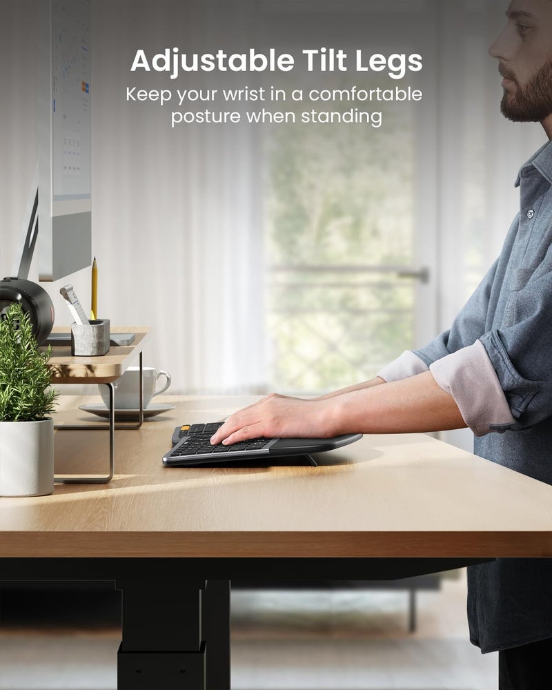 ProtoArc Ergonomic Keyboard Mouse, EKM01 Plus Full Size Wireless Bluetooth Ergo Keyboard Mouse Combo, Cushioned Palm Rest, Split Design, Rechargeable, Compatible for Windows, Mac OS - Gray and Black - Image 4